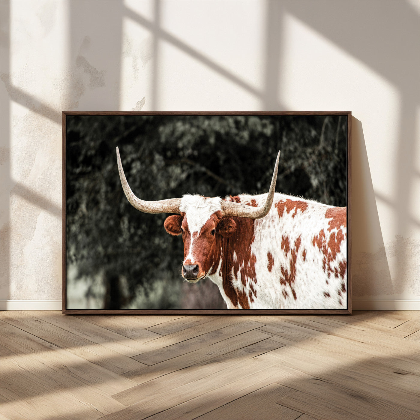 54027638-MGV-CV-36X24-Texas Longhorn Wall Art Canvas Print, Framed Spotted Cow Art Picture Print, Horned Bull Perfect Rustic Western Decor Artwork