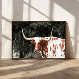 54027638-MGV-CV-36X24-Texas Longhorn Wall Art Canvas Print, Framed Spotted Cow Art Picture Print, Horned Bull Perfect Rustic Western Decor Artwork