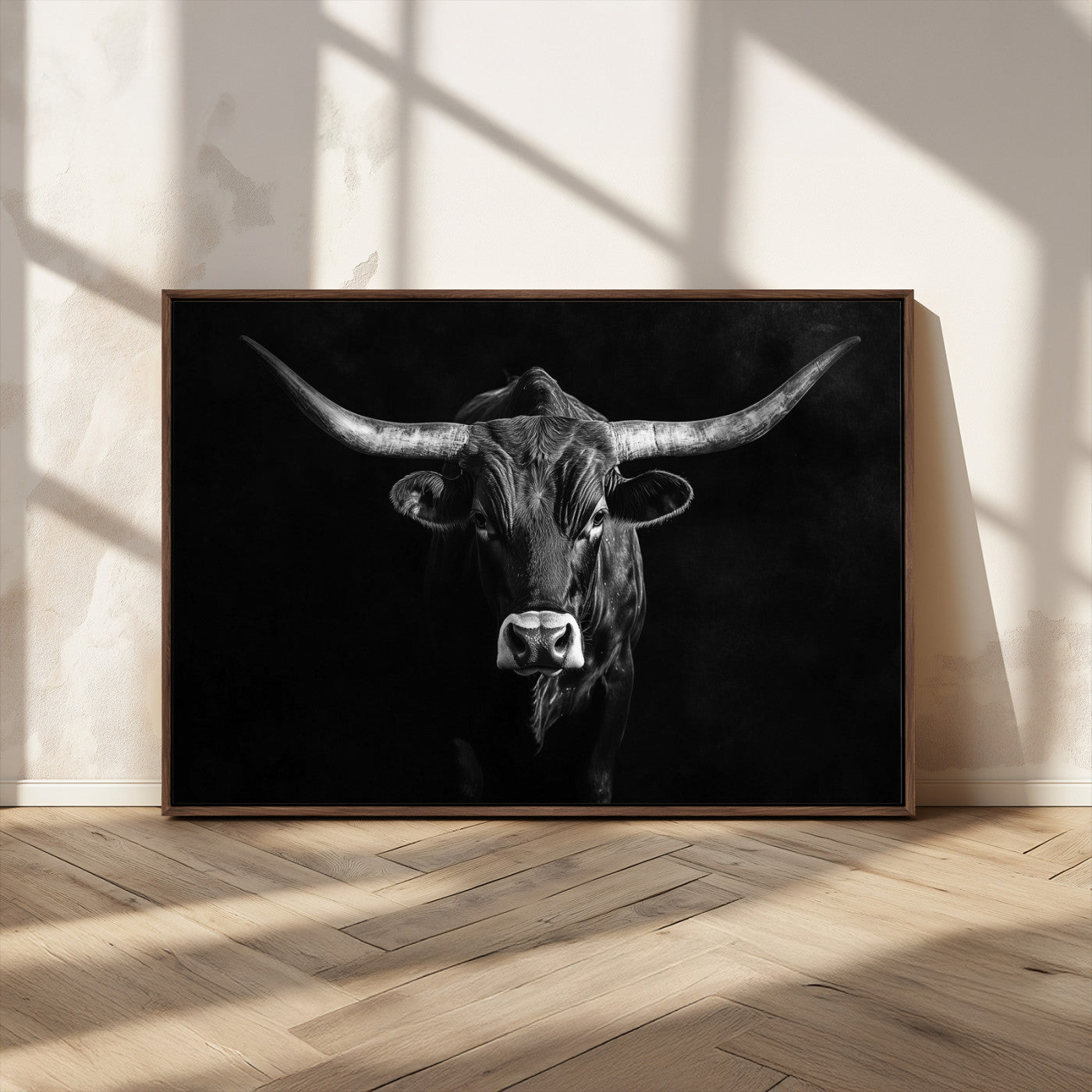 42077175-MGV-CV-36X24-Texas Longhorn Wall Art Canvas Print, Framed Monochrome Bull Art Picture Print, Horned Bull Perfect Rustic Western Decor Artwork