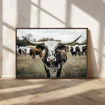 79025945-MGV-FC-36X24_Walnut-Texas Longhorn Wall Art Canvas Print, Framed Speckled Cow Art Picture Print, Horned Cattle Perfect Rustic Western Decor Artwork