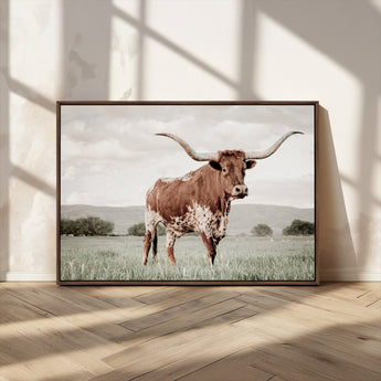 28309012-MGV-CV-36X24-Texas Longhorn Wall Art Canvas Print, Framed Spotted Cattle Art Picture Print, Horned Bull Perfect Rustic Western Decor Artwork