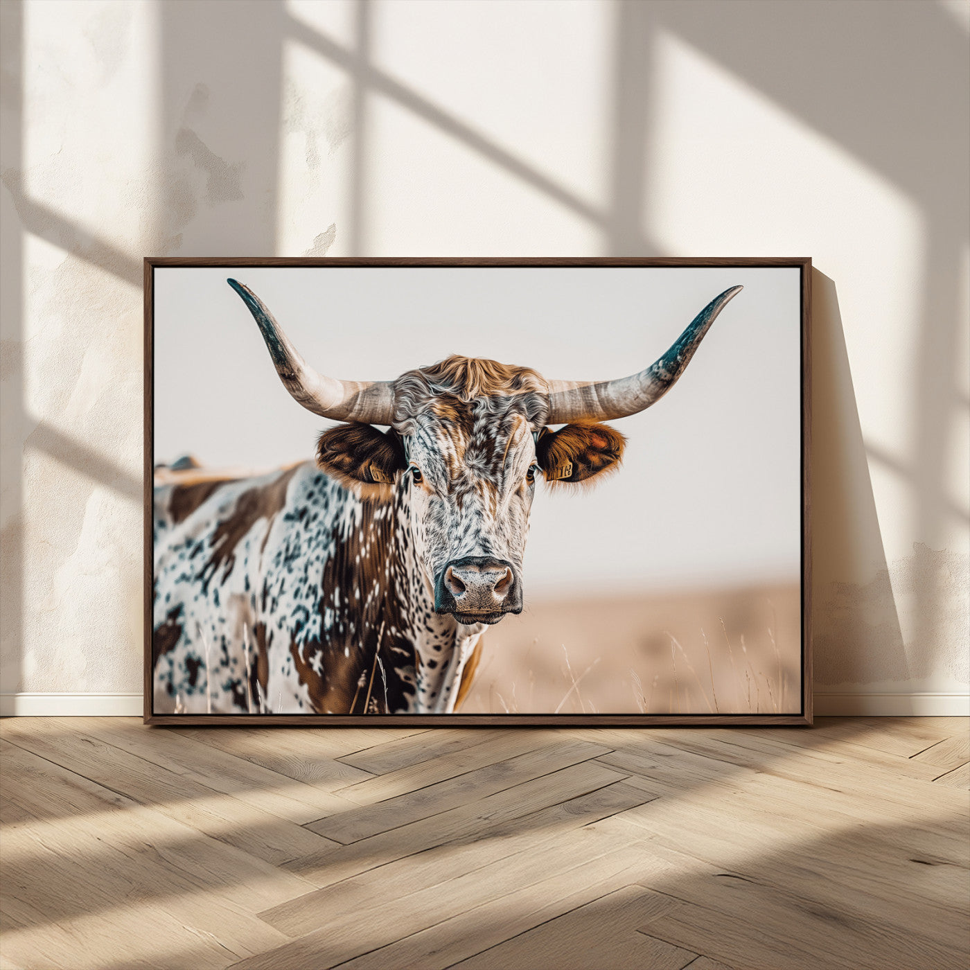 70414966-MGV-CV-36X24-Texas Longhorn Wall Art Canvas Print, Framed Speckled Cow Art Picture Print, Horned Bull Perfect Rustic Western Decor Artwork