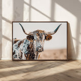 70414966-MGV-CV-36X24-Texas Longhorn Wall Art Canvas Print, Framed Speckled Cow Art Picture Print, Horned Bull Perfect Rustic Western Decor Artwork