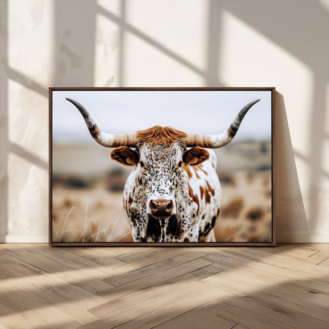 76294381-MGV-CV-36X24-Texas Longhorn Wall Art Canvas Print, Framed Spotted Cow Art Picture Print, Horned Cattle Perfect Rustic Western Decor Artwork