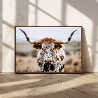76294381-MGV-CV-36X24-Texas Longhorn Wall Art Canvas Print, Framed Spotted Cow Art Picture Print, Horned Cattle Perfect Rustic Western Decor Artwork