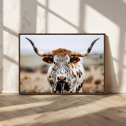76294381-MGV-CV-36X24-Texas Longhorn Wall Art Canvas Print, Framed Spotted Cow Art Picture Print, Horned Cattle Perfect Rustic Western Decor Artwork