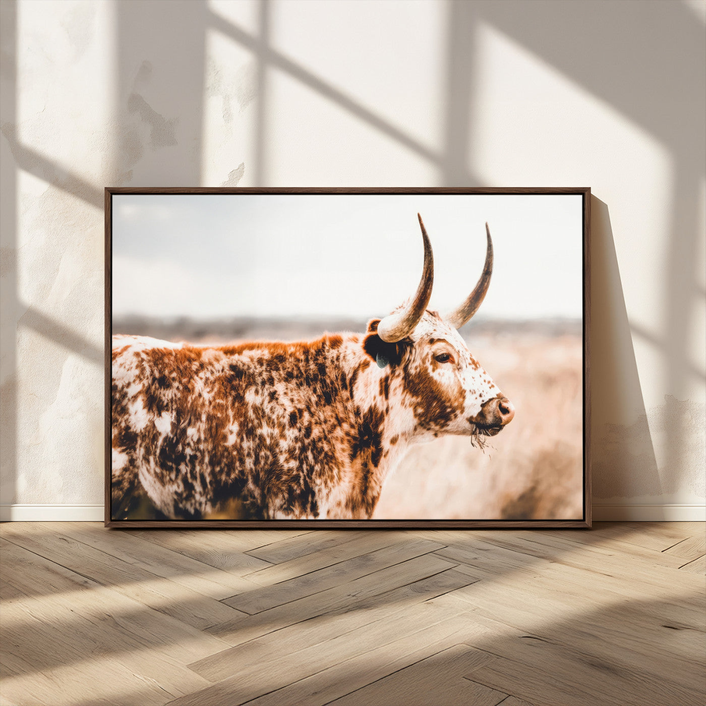 11528295-MGV-CV-36X24-Speckled Longhorn Wall Art Canvas Print, Framed Texas Cattle Art Picture Print, Horned Cow Perfect Rustic Western Decor Artwork