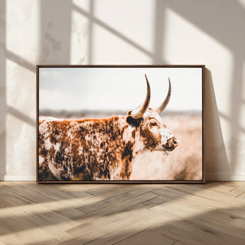 11528295-MGV-CV-36X24-Speckled Longhorn Wall Art Canvas Print, Framed Texas Cattle Art Picture Print, Horned Cow Perfect Rustic Western Decor Artwork