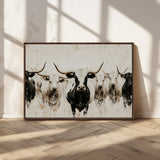 12027562-MGV-CV-36X24-Longhorn Cattle Wall Art Canvas Print, Framed Bison Herd Art Picture Print, Cattle Group Perfect Rustic Farmhouse Decor Artwork