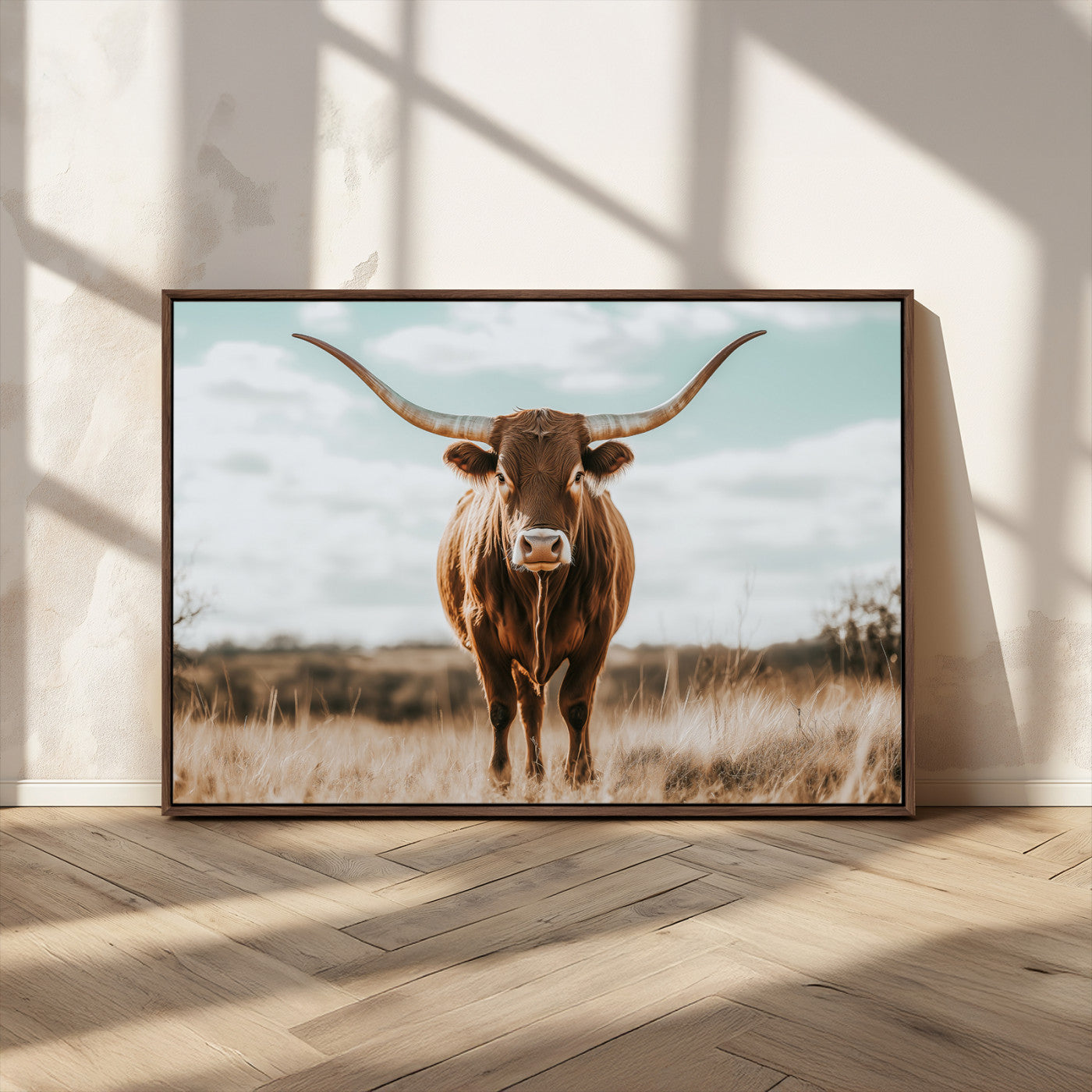 39350715-MGV-CV-36X24-Texas Longhorn Wall Art Canvas Print, Framed Longhorn Cow Art Picture Print, Western Cattle Perfect Rustic Western Decor Artwork