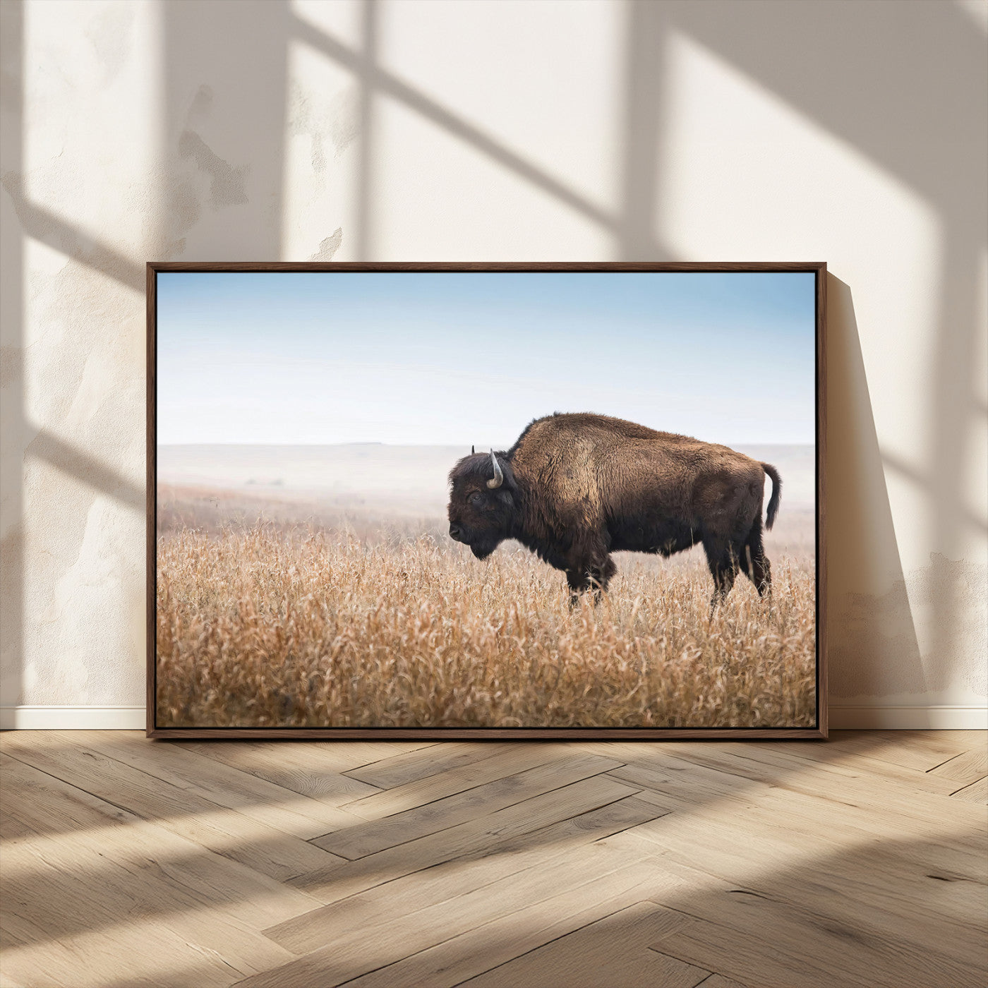 91267849-MGV-CV-36X24-Wild Bison Wall Art Canvas Print, Framed Bison in Prairie Art Picture Print, Rustic Western Perfect Rustic Western Decor Artwork