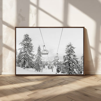 55003599-MGV-CV-36X24-Snowy Ski Lift Wall Art Canvas Print, Framed Winter Forest Art Picture Print, Ski lift Ride Perfect Winter Lodge Decor Artwork