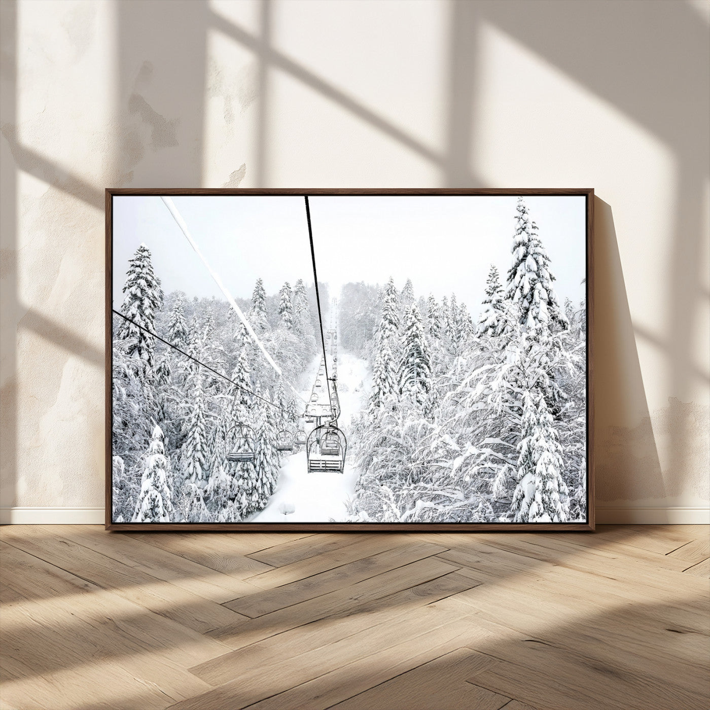 60296839-MGV-CV-36X24-Snowy Mountains Wall Art Canvas Print, Framed Ski Lift Art Picture Print, Winter Forest Perfect Winter Minimalist Decor Artwork