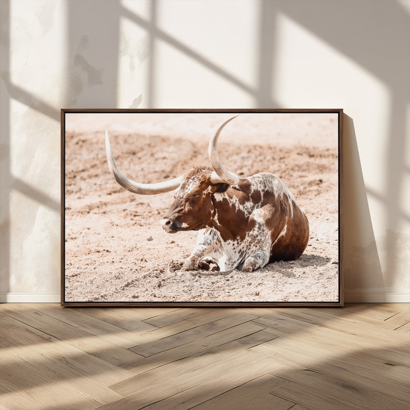 91248682-MGV-CV-36X24-Texas Longhorn Wall Art Canvas Print, Framed Resting Bull Art Picture Print, Spotted Cattle Perfect Rustic Western Decor Artwork