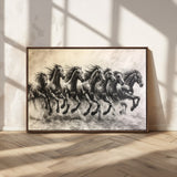 56089591-MGV-CV-36X24-Galloping Horses Wall Art Canvas Print, Framed Wild Stallions Art Picture Print, Horse Herd Sketch Perfect Monochrome Dynamic