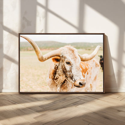 21060648-MGV-CV-36X24-Texas Longhorn Wall Art Canvas Print, Framed Speckled Cow Art Picture Print, Rustic Bull Perfect Rustic Western Decor Artwork
