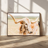 21060648-MGV-CV-36X24-Texas Longhorn Wall Art Canvas Print, Framed Speckled Cow Art Picture Print, Rustic Bull Perfect Rustic Western Decor Artwork