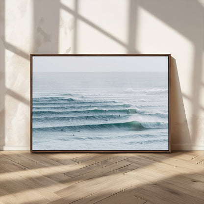 73969318-MGV-CV-36X24-Ocean Waves Wall Art Canvas Print, Framed Surfer Lineup Art Picture Print, Crowded Ocean Perfect Minimal Coastal Decor Artwork