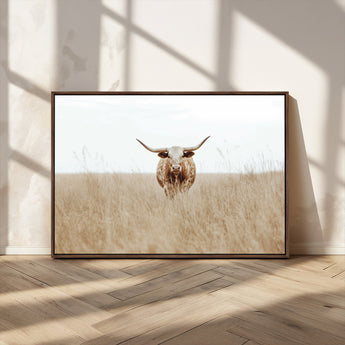 20927060-MGV-CV-36X24-Texas Longhorn Wall Art Canvas Print, Framed Lone Cattle Art Picture Print, Longhorn Bull Perfect Rustic Western Decor Artwork