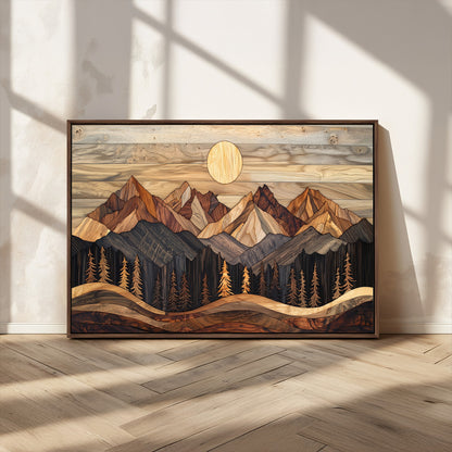 50100230-MGV-FC-36X24_Walnut-Wooden Mountain Wall Art – Rustic Nature Landscape Canvas Print, Handmade Style Sun, Forest, and Peaks Artwork for Living Room,