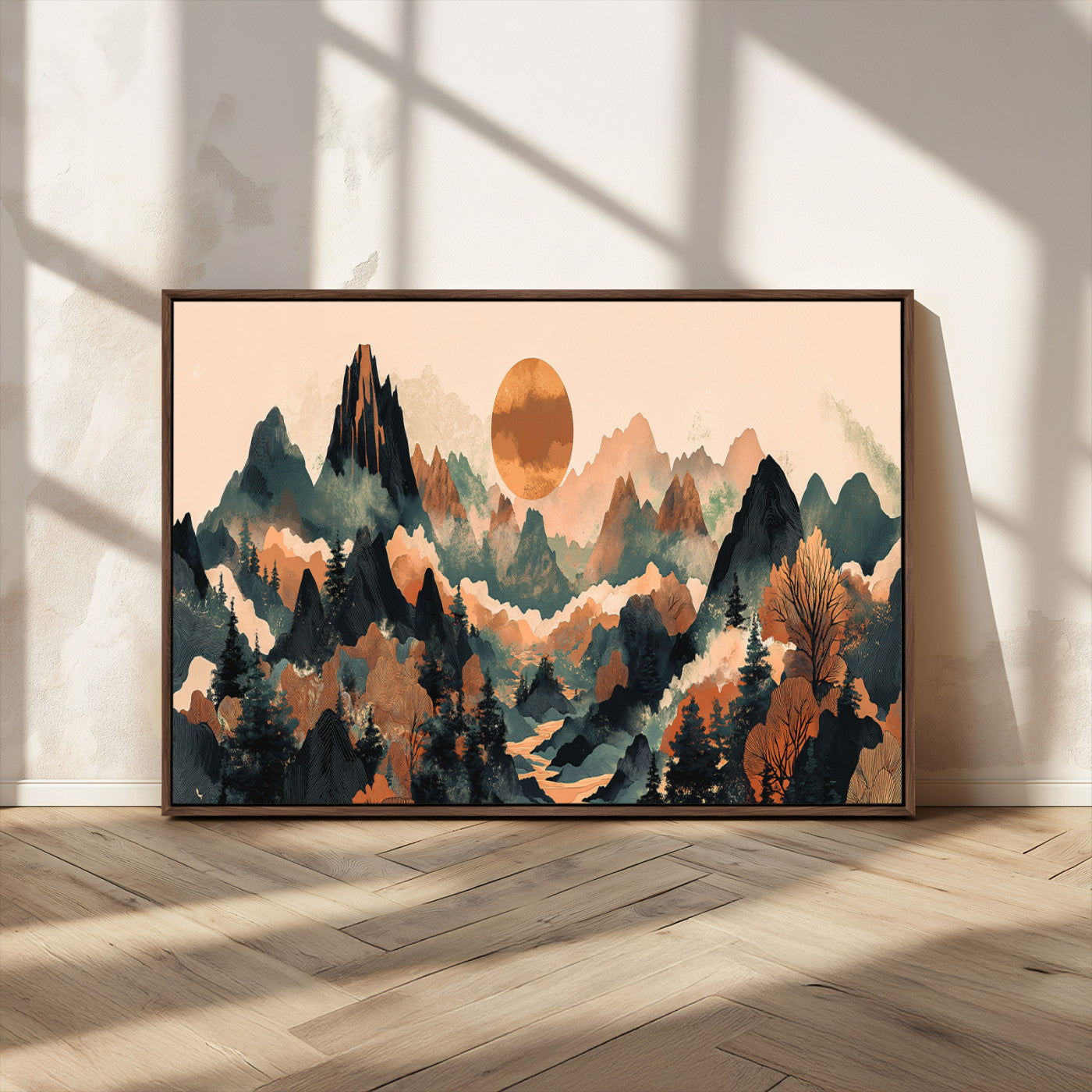 13012770-MGV-CV-36X24-Mountain Landscape Wall Art – Modern Nature Canvas Print with Sun, Misty Peaks, and Forest in Orange and Green Tones for Living