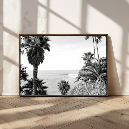 89458520-MGV-CV-36X24-Palm Trees Wall Art Canvas Print, Framed Coastal View Art Picture Print, Ocean Horizon Perfect Monochrome Coast Decor Artwork