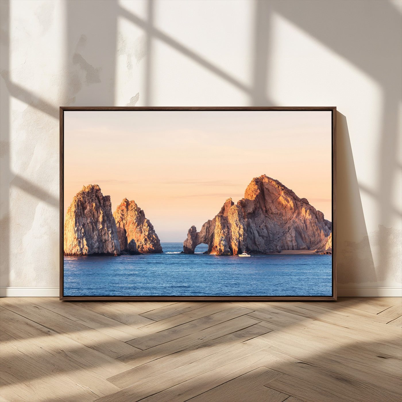 72996116-MGV-CV-36X24-El Arco Wall Art Canvas Print, Framed Cabo Rocks Art Picture Print, Ocean Arch Perfect Golden Coastal Landmark Decor Artwork