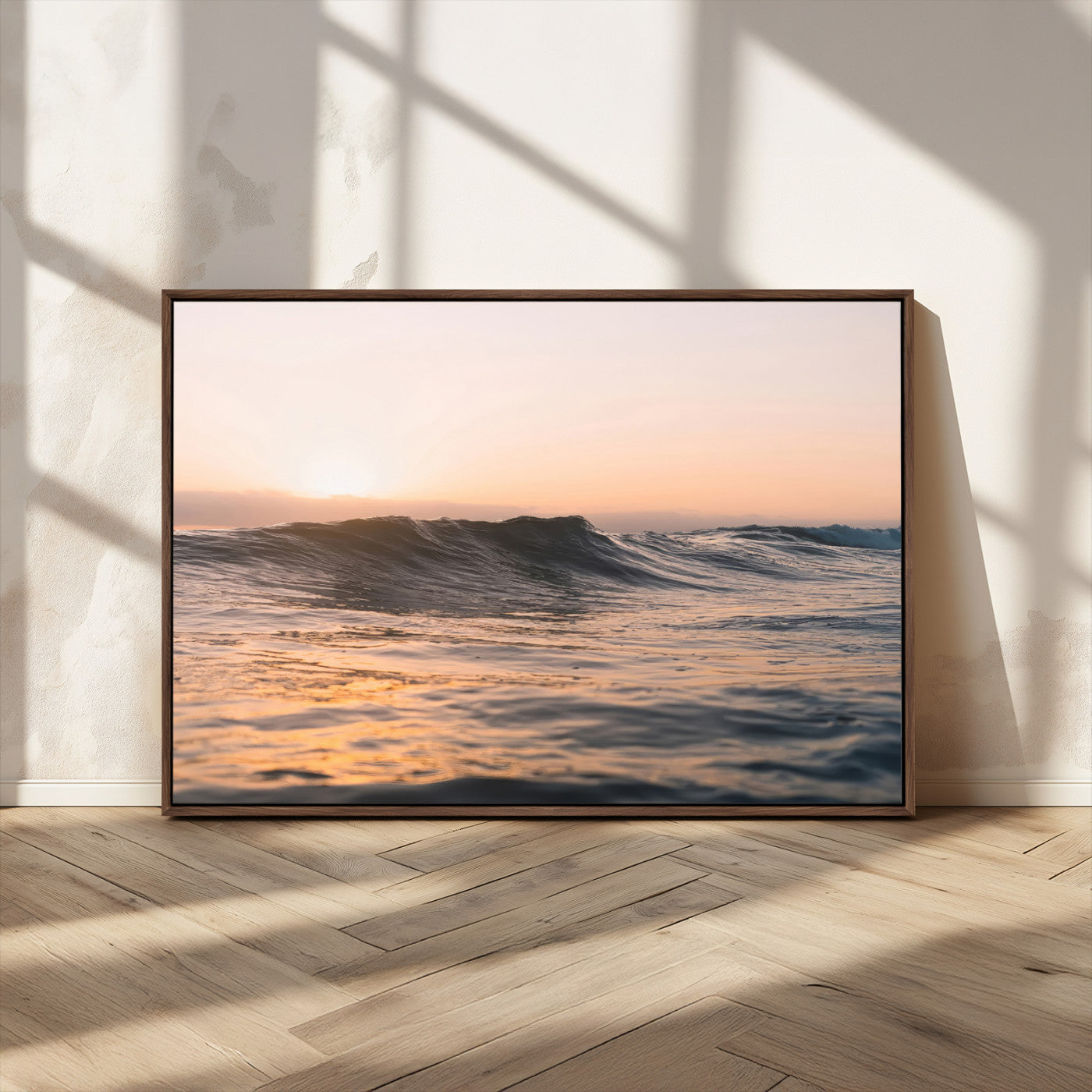 46299358-MGV-CV-36X24-Sunset Waves Wall Art Canvas Print, Framed Ocean Horizon Art Picture Print, Golden Water Perfect Golden Hour Coastal Decor Artwork
