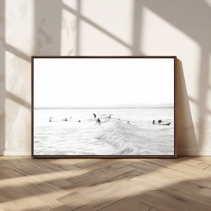33449548-MGV-FC-36X24_Walnut-Group Surfers Wall Art Canvas Print, Framed Ocean Wave Art Picture Print, Surf Crowd Perfect Monochrome Surf Decor Artwork