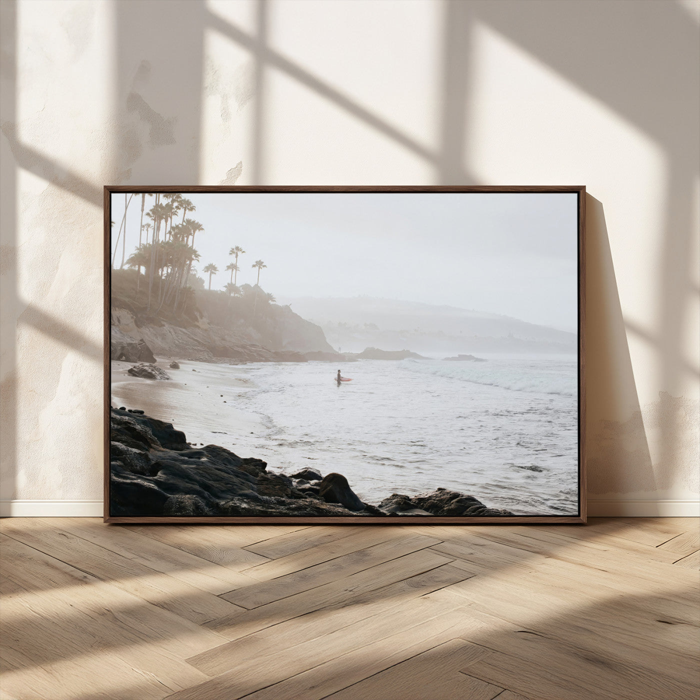 62501405-MGV-CV-36X24-Misty Beach Wall Art Canvas Print, Framed California Surfer Art Picture Print, Coastal Cliff Perfect Coastal Beach Decor Artwork