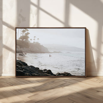 62501405-MGV-CV-36X24-Misty Beach Wall Art Canvas Print, Framed California Surfer Art Picture Print, Coastal Cliff Perfect Coastal Beach Decor Artwork