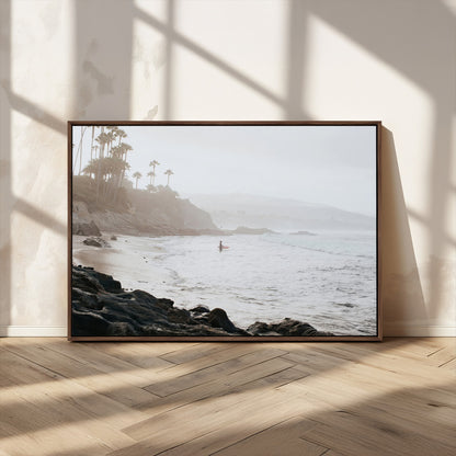 62501405-MGV-CV-36X24-Misty Beach Wall Art Canvas Print, Framed California Surfer Art Picture Print, Coastal Cliff Perfect Coastal Beach Decor Artwork