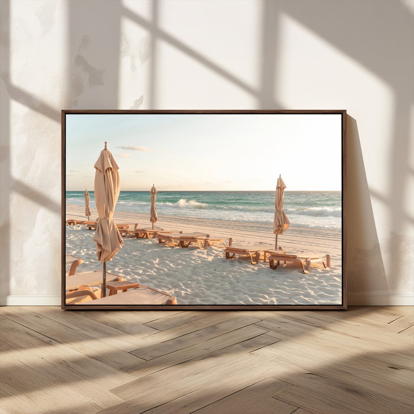 58507949-MGV-CV-36X24-Beach Umbrellas Wall Art Canvas Print, Framed Empty Loungers Art Picture Print, Soft Sand Perfect Minimalist Seaside Decor Artwork