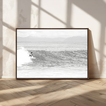 81535128-MGV-CV-36X24-Surfer Woman Wall Art Canvas Print, Framed Black Ocean Art Picture Print, Ocean Surfing Perfect Monochrome Coastal Decor Artwork
