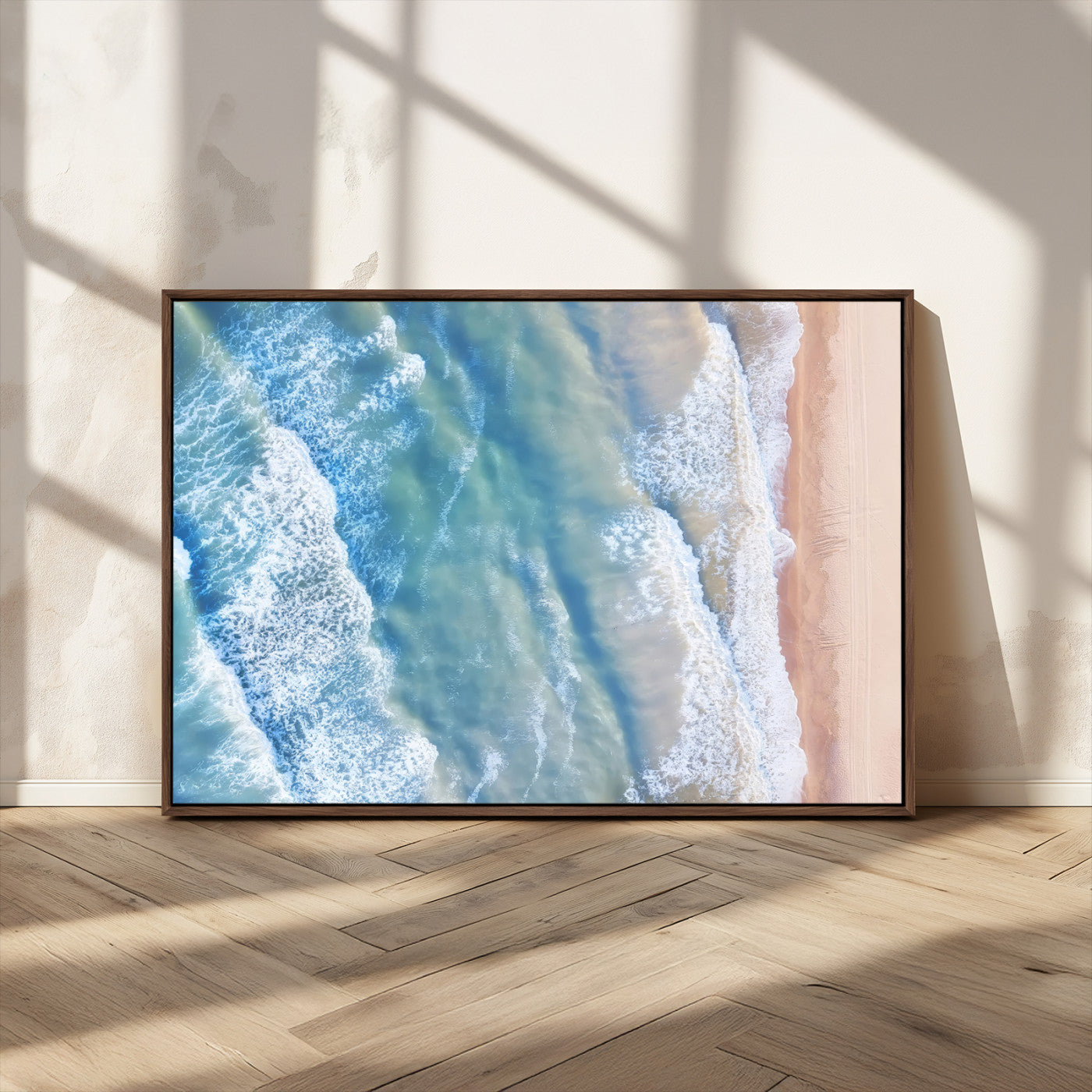 17641845-MGV-CV-36X24-Aerial Ocean Wall Art Canvas Print, Framed Blue Waves Art Picture Print, Sandy Shoreline Perfect Modern Coastal Decor Artwork