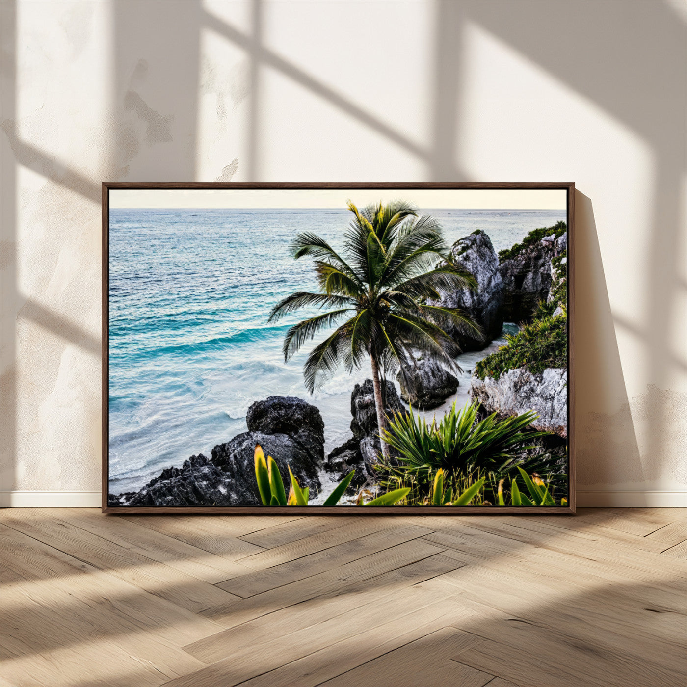 94669907-MGV-CV-36X24-Tropical Coastline Wall Art Canvas Print, Framed Palm Tree Art Picture Print, Rocky Beach Perfect Tropical Coastal Decor Artwork