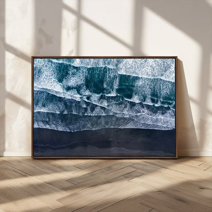 87941475-MGV-CV-36X24-Black Beach Wall Art Canvas Print, Framed Aerial Ocean Art Picture Print, Moody Coastal Perfect Modern Coastal Decor Artwork