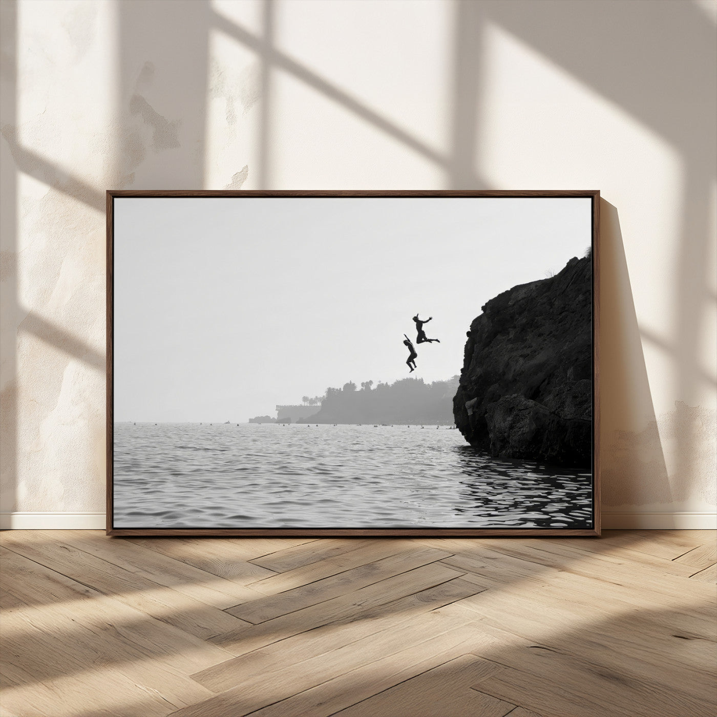 52284302-MGV-CV-36X24-Cliff Jumping Wall Art Canvas Print, Framed Ocean Adventure Art Picture Print, Black White Coast Perfect Modern Coastal Decor