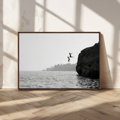 52284302-MGV-CV-36X24-Cliff Jumping Wall Art Canvas Print, Framed Ocean Adventure Art Picture Print, Black White Coast Perfect Modern Coastal Decor