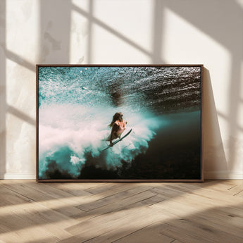 85923512-MGV-FC-36X24_Walnut-Aquatic Motion Wall Art Canvas Print, Framed Underwater Swimming Art Picture Print, Female Surfer Diving Perfect Coastal Boho