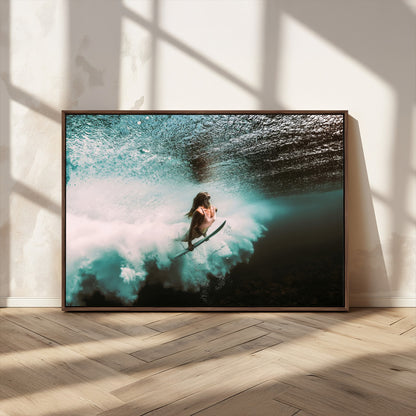 85923512-MGV-FC-36X24_Walnut-Aquatic Motion Wall Art Canvas Print, Framed Underwater Swimming Art Picture Print, Female Surfer Diving Perfect Coastal Boho