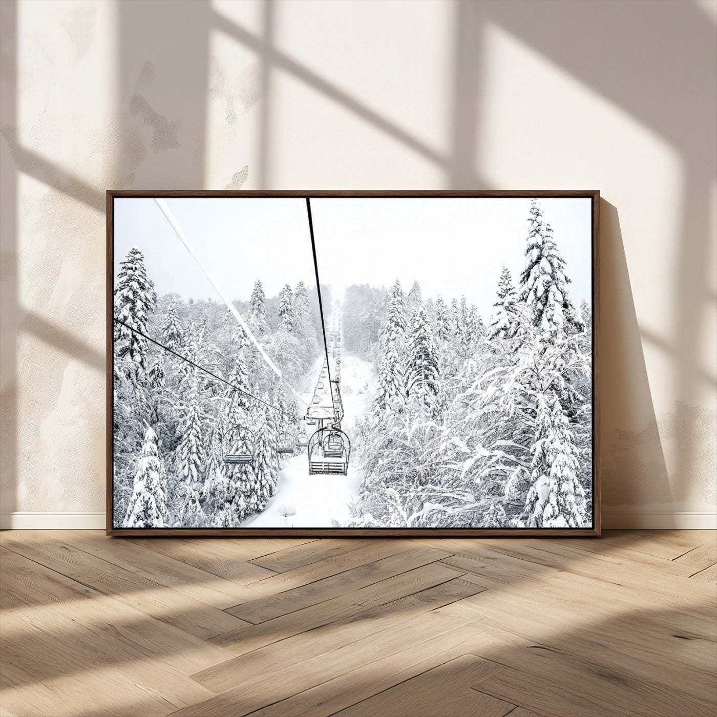 44705668-MGV-CV-36X24-Winter Forest Wall Art Canvas Print, Framed Snowy Forest Art Picture Print, Ski Lift Perfect Scandinavian Decor Artwork