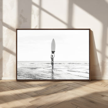 98446901-MGV-FC-36X24_Walnut-Monochrome Surf Wall Art Canvas Print, Framed Minimalist Surfer Art Picture Print, Surfboard Silhouette Perfect Coastal Minimalist