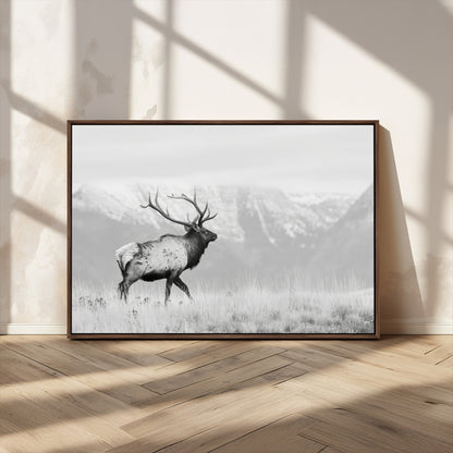 62278753-MGV-CV-36X24-Monochrome Elk Wall Art Canvas Print, Framed Mountain Wildlife Art Picture Print, Rustic Nature Perfect Rustic Minimalist Decor