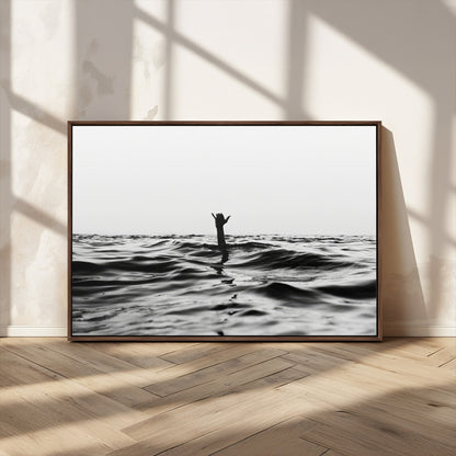 69541918-MGV-CV-36X24-Black White Ocean Wall Art Canvas Print, Framed Moody Seascape Art Picture Print, Surfer Sign Perfect Moody Minimalist Decor