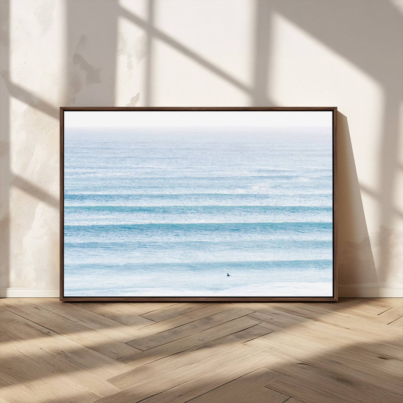 77145995-MGV-CV-36X24-Ocean Simplicity Wall Art Canvas Print, Framed Surfer on Water Art Picture Print, Light Blue Perfect Coastal Minimalist Decor