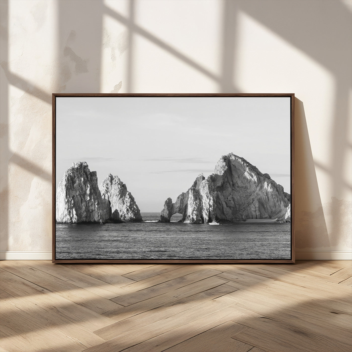 18810731-MGV-CV-36X24-Rugged Coastline Wall Art Canvas Print, Framed Ocean Cliffs Art Picture Print, Monochrome Seascape Perfect Coastal Minimalist