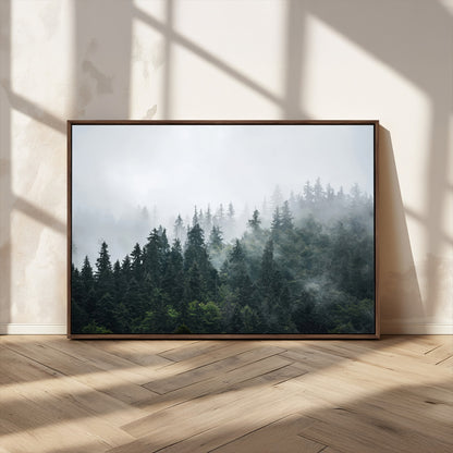 84146572-MGV-CV-36X24-Foggy Pine Trees Wall Art Canvas Print, Framed Forest Nature Art Picture Print, Evergreen Forest Perfect Scandinavian Minimalist