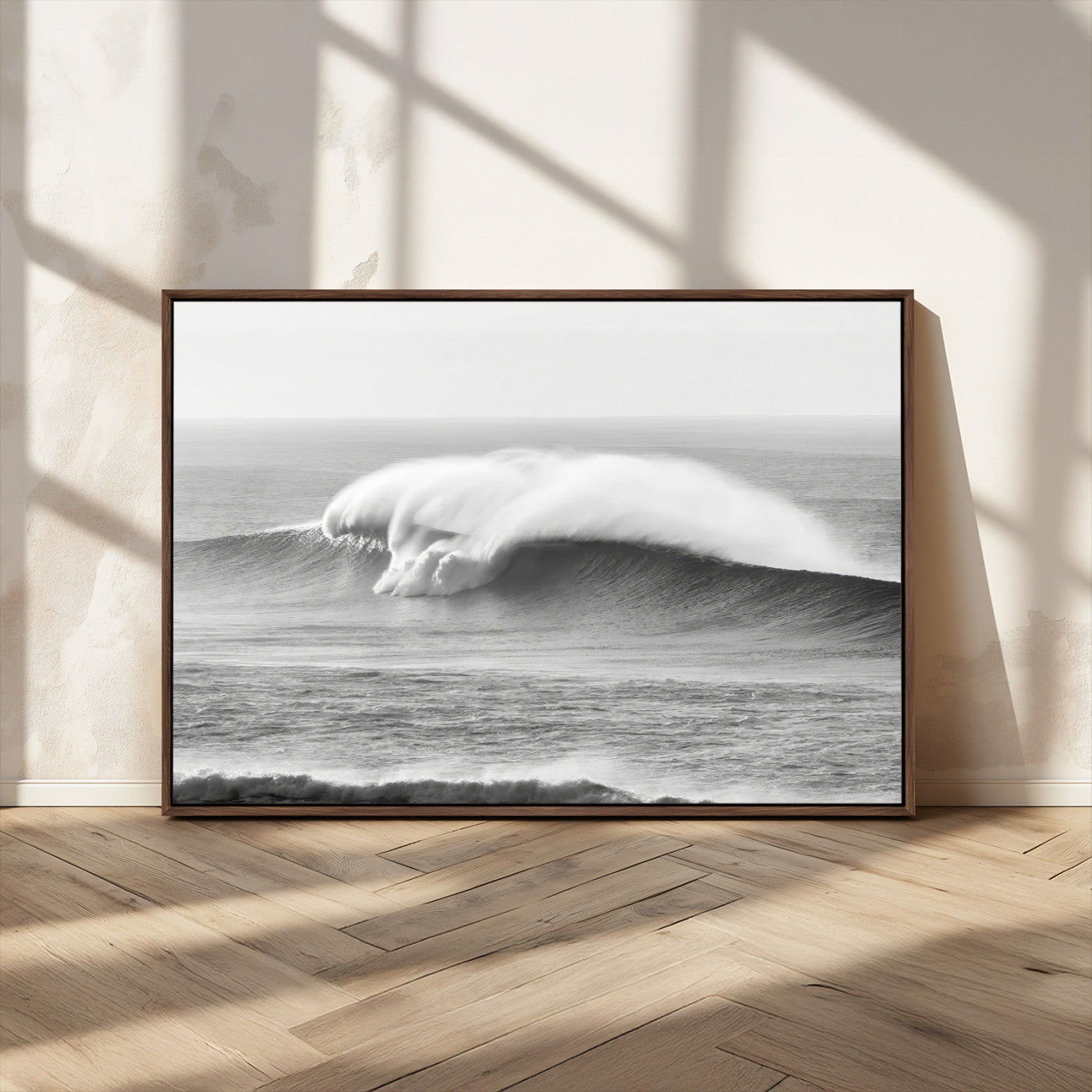 42544082-MGV-CV-36X24-Monochrome Seascape Wall Art Canvas Print, Framed Surf Wave Art Picture Print, Minimalist Ocean Perfect Moody Coastal Decor