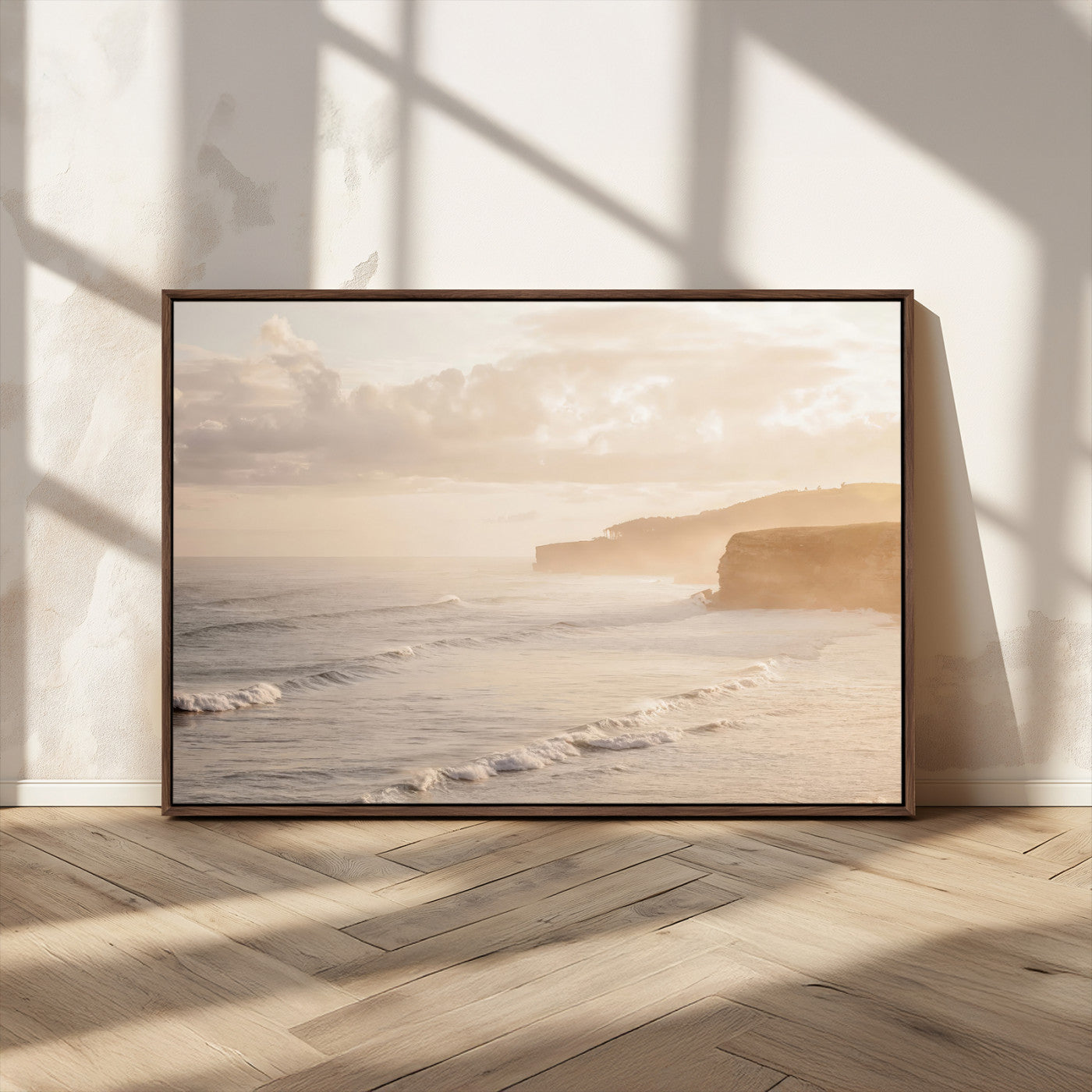 57669769-MGV-CV-36X24-Misty Coastal Wall Art Canvas Print, Framed Golden Sunset Art Picture Print, Serene Shoreline Perfect Tranquil Coastal Decor